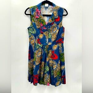 KALIZA Vintage African blue-red pleated button preppy midi 50's-woman dress M